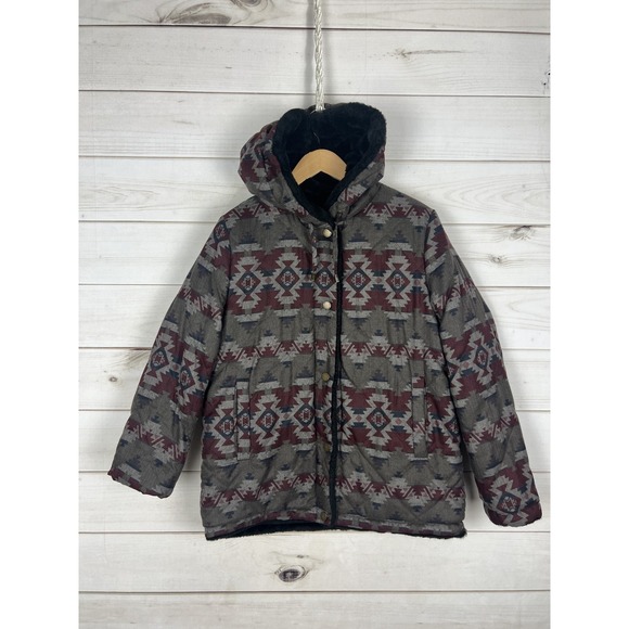 Pendleton Reversible Jacket Womens Medium Aztec Hooded Faux Fur Sherpa Coat